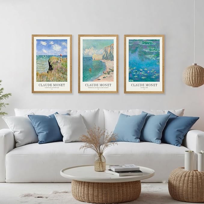 JLTULT 3 Piece Framed Vintage Claude Monet Canvas Wall Art, Impressionism Landscape Wall Decor, The Cliff Walk at Pourville Water Lilies Prints for Living Room Bedroom Office 16x24 in Easy to Hang