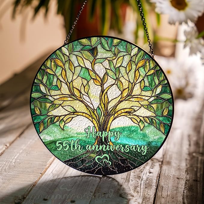 55th Emerald Wedding Anniversary Faux Stained Glass Suncatcher, Wedding Keepsake Ornament, for Parents, 55 Years of Marriage Gift