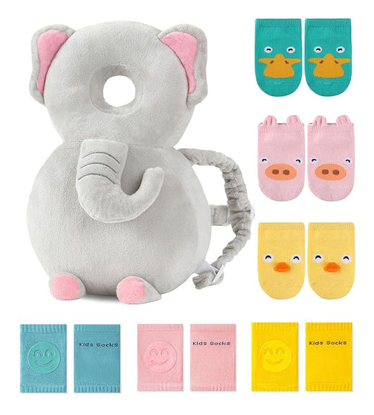 JunNeng Toddler Baby Head Protector Backpack for Toddler Walker with Knee Pads&Anti-Slip Socks, Elephant