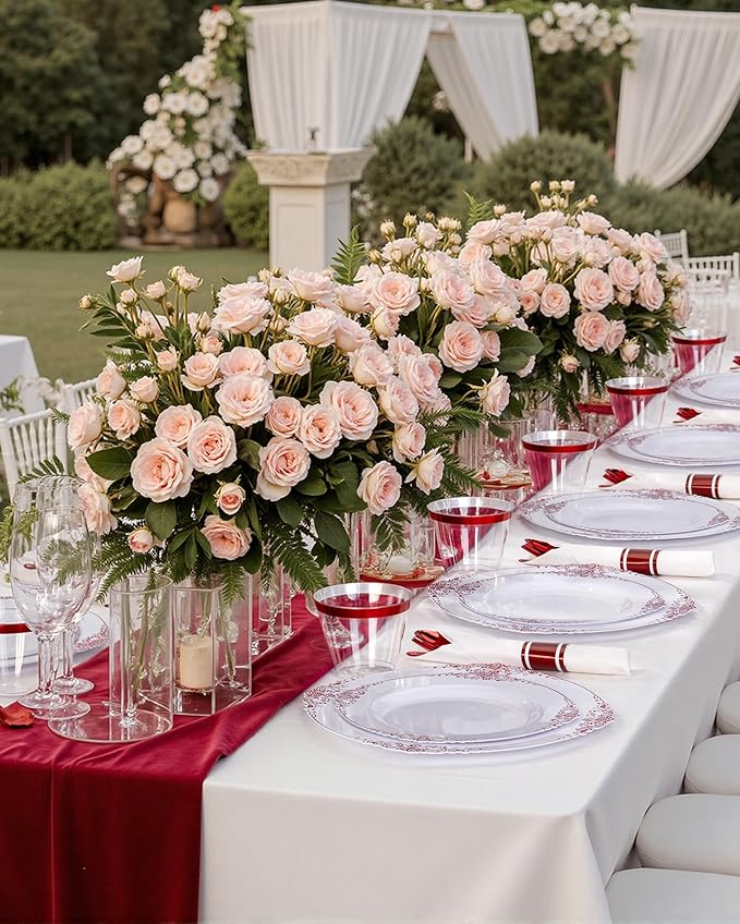 Nervure 350PCS Red Plastic Plates - White Red Plastic Dinnerware Set for 50 Guests - 100 Red Disposable Plates, 50 Pre Rolled Cutlery Set, 50 Cups Perfect for Wedding & Party & Mothers Day