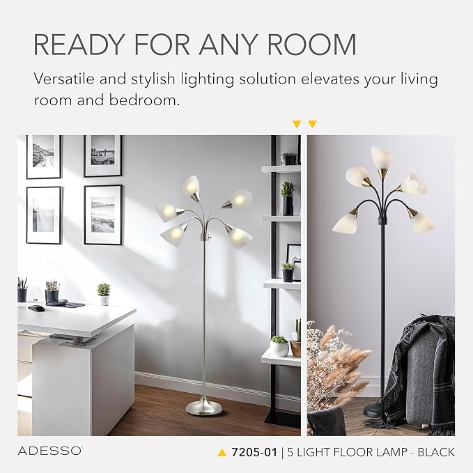 Adesso Floor Lamp with 5 Movable Shades & Adjustable Brightness – Perfect Lighting for Bedroom Decor, Beauty & Art Studio, Black