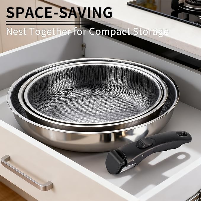 3-Piece Stainless Steel Frying Pan Set, 10”/11”/12.5”Stackable Kitchen Cookware Set with Detachable Handle, Oven Safe Cooking Pan, Suitable for All Stove