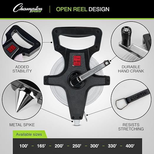 Champion Sports Open Reel Measuring Tapes – Durable Hand Crank with Metal Spike, Dual-Sided Feet & Meters, Perfect for Track & Field and Long Jump, 250 Feet/75 Meters