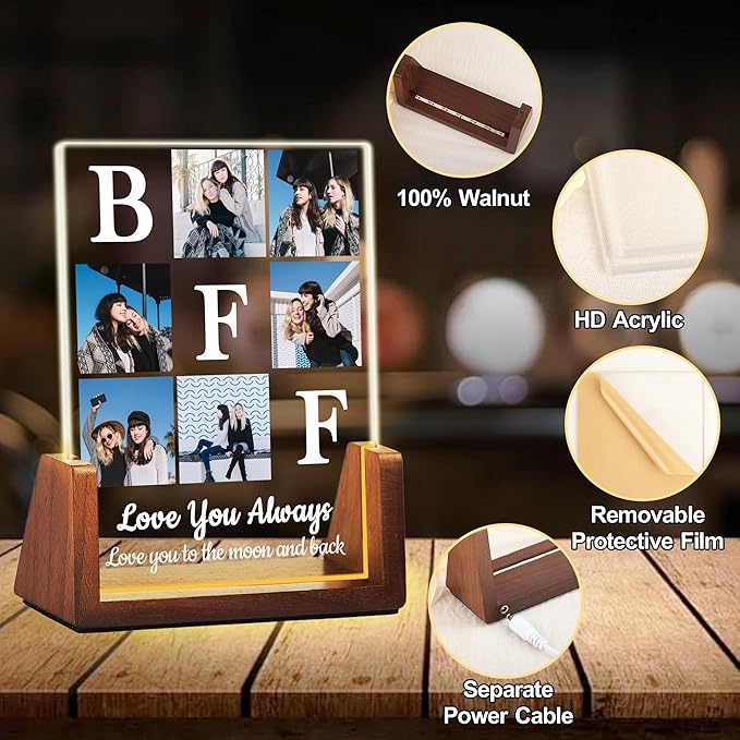 Custom Best Friend Christmas Birthday Gifts Picture Frame, Friendship Gifts For Women Friends Sister, Acrylic Plaque Photo Collage Frame With Night Light, Personalized BFF Besties Long Distance Gift