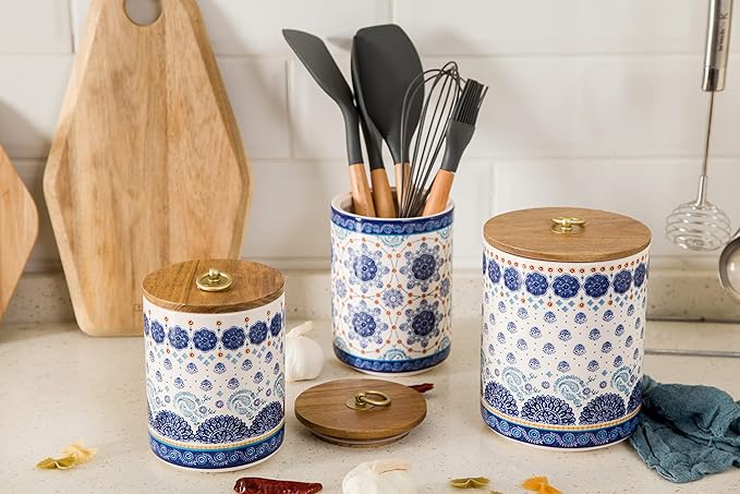 Bico Blue Talavera Ceramic Canister Set of 3 for Kitchen Counter, 62oz, 40oz, 32oz each, with Wooden Air Tight Lid, Food Storage Jar for storing Coffee, Tea, Spice, Dishwasher Safe