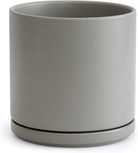 D'vine Dev 10 Inch Ceramic Planter Pot, Grey, 94-O-E-3 | Modern Cylinder Design, Drainage Hole & Saucer Included, Stable Structure, Elegant Home Accent