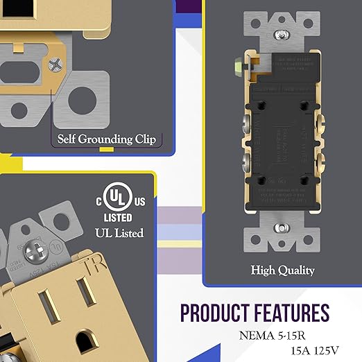 ENERLITES Elite Series Decorator Receptacle Outlet Child Safe Tamper-Resistant, Self-Grounding, Residential Grade, 15A 125V, UL Listed, Wall Plate Included, 61501-TR-GDWP2P, Gold (2 Pack)