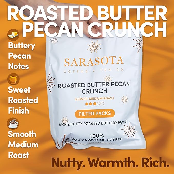 Ground Flavored Coffee In Filter Packs | Medium Roast Low Acid Mold Free Pouches | Bulk Packets | Roasted Butter Pecan Crunch | Gourmet Individual Premeasured Coffee Bags for 10-12 Cup Drip Maker