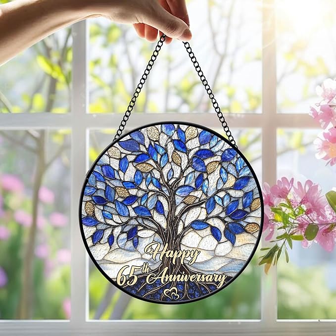 65th Wedding Anniversary Faux Stained Glass Suncatcher, 65 Years of Marrisage Keepsake Ornament, Blue Sapphire Wedding