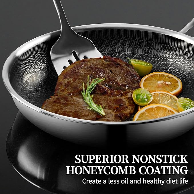 11" Stainless Steel Frying Pan with Lid, Honeycomb Nonstick Frying Pan | Omelet Chef's Pan with Stay Cool Handle, Induction & Oven Safe, Compatible with All Cooktops, PFOA Free