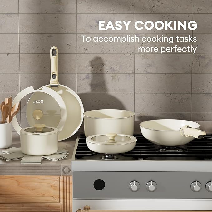 Pots and Pans Set Non Stick,10-Pcs Ceramic Cookware Set, Induction Kitchen Set with Removable Handle, RV Cookware Set with Detachable handle,Stackable Space Saving Pots Set, Oven/Fridge Safe