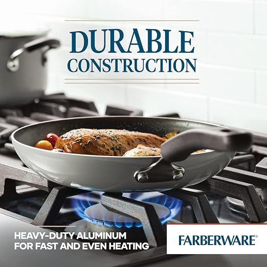 Farberware Non Stick Frying Pans Set, 2-Pc Cookstart Aluminum DiamondMax | Skillet Set with 8.25" and 10" Nonstick Skillets, Comfortable Grip, Easy to Clean, Oven Safe, & Dishwasher Safe (Silver)