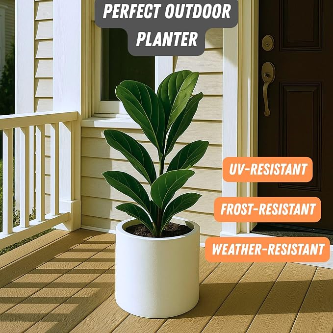Fox & Fern Large Indoor Planter, Modern Large Plant Pot for Indoor or Outdoor, UV and Frost Resistant - 10 Inch, Matte White Flower Pot with Hide Saucer, Lightweight