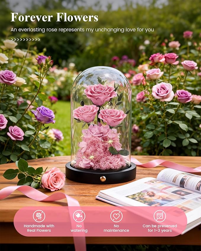 Agrul Mothers Day Flowers Roses Gifts for Mom,Forever Preserved Flower Rose in Glass Dome Fresh Flowers for Delivery Mothers Day Roses Gifts for Wife Women Mom Grandma from Daughter/Pink Rose