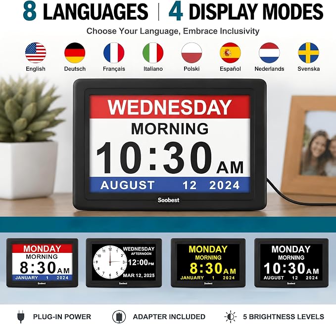 Soobest Dementia Digital Clock for Seniors Elderly, 20 Alarm Reminders 3 Ringtones for Memory Loss Alzheimers, Electric Time Date Day Large Display Calendar Clock, Auto DST, 1024 * 600P HD