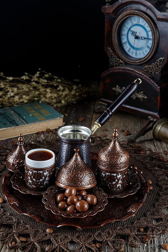 DEMMEX Turkish Greek Arabic Coffee Making and Serving Full Set with Cups Saucers Lids Sugar Bowl Tray and Copper Coffee Pot, Hand Decorated with Gold Crystals, 12 Pcs