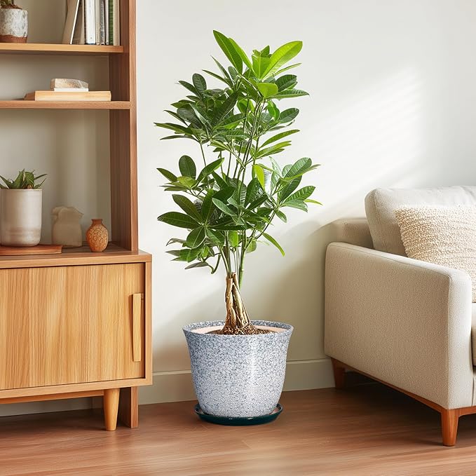 Ceramic Planter - 10 Inch Plant Pot for Indoor Outdoor, Round Planter with Drainage Hole and Plant Tray, Large Decorative Planters, Modern Flower Pot, Home Room Decor, Gardening Gift, Green