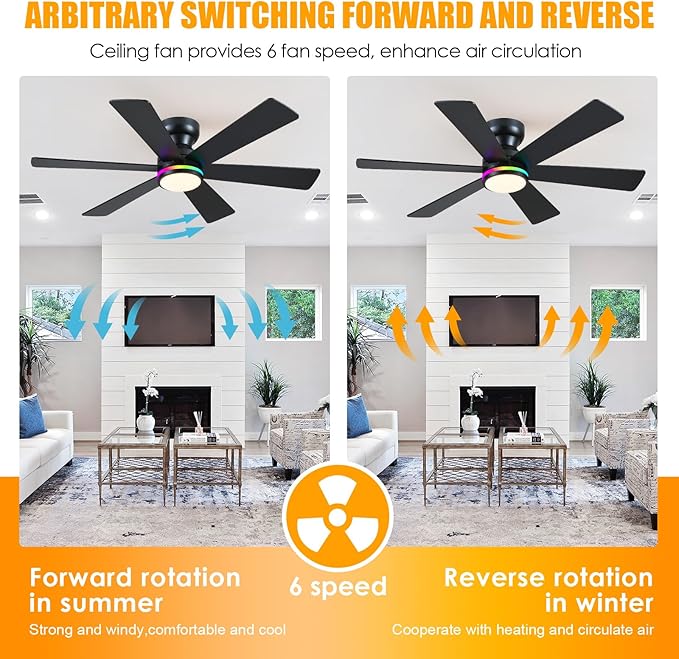 Asyko 46" Black RGB Ceiling Fans with Lights and Remote,Low Profile Ceiling Fans with Quiet Reversible DC Motor,Small Modern Flush Mount Ceiling Fan Light for Bedroom Kids Room