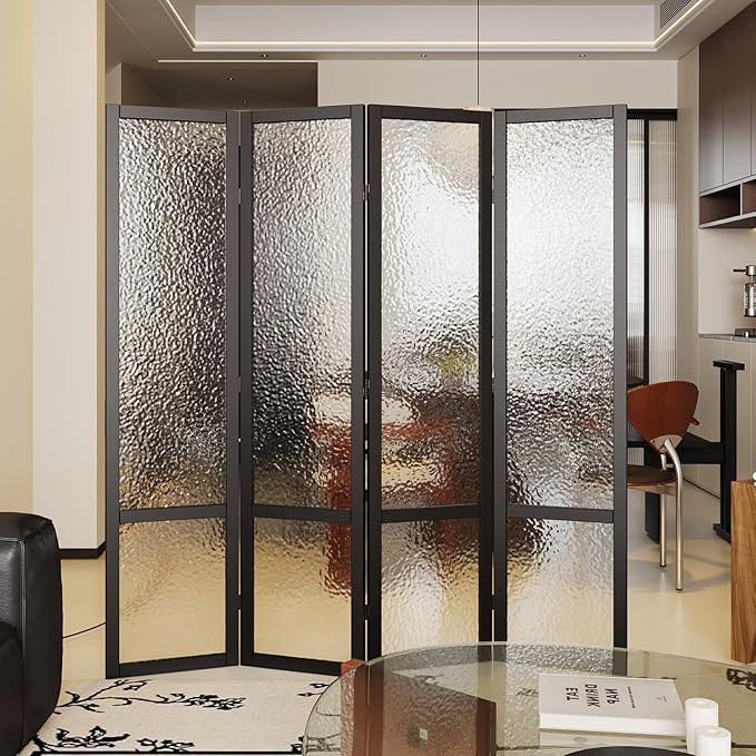 4 Panel Acrylic Room Divider Privacy Screen - Freestanding Frosted Translucent Partition, Lightweight Modern for Home Office Studio (Black, 4 Panels)