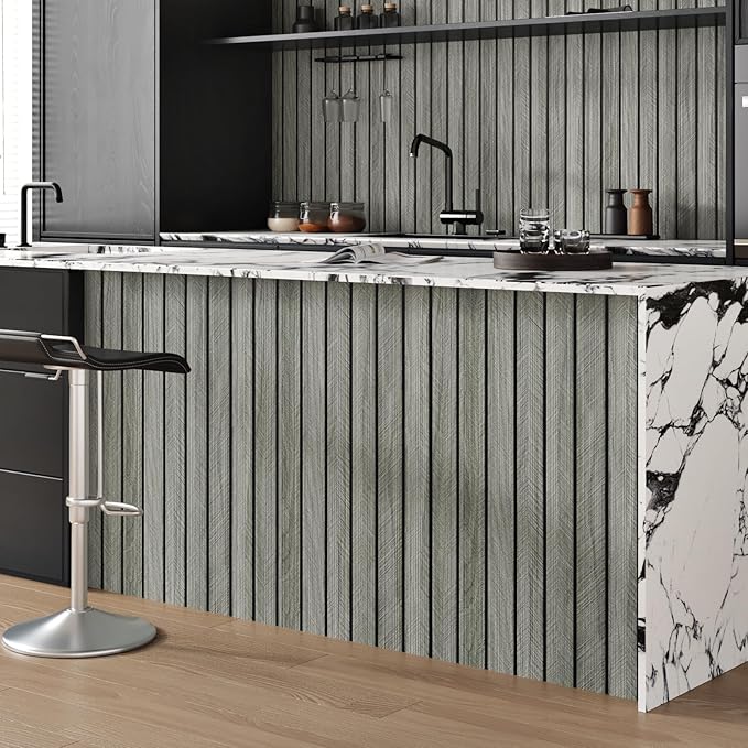 Grey Wood Grain Slat Panels for Interior Wall Decor 197"x23.6" Peel and Stick 3D Textured Fluted Wood Panels Self Adhesive Acoustic Wooden Paneling Wallpaper for Bedroom Living Room Studio