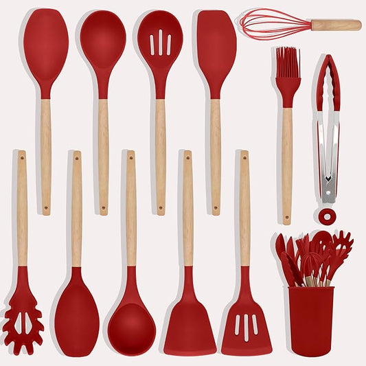 Kitchen Utensils Set 12 Pieces Nonstick Silicone Cooking Utensils Wood Handle Silicone Cooking Utensils Set with Holder Dishwasher Safe BPA Free(red)