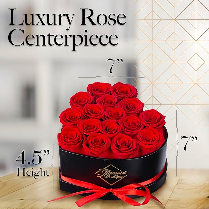 GLAMOUR BOUTIQUE 16 Flower Forever Heart Shape Box, Eternal Preserved Roses Gift for Her, Lasting Flowers, Romantic Floral Keepsake for Birthday, Anniversary or Valentine’s Day, Red (Color-Treated)