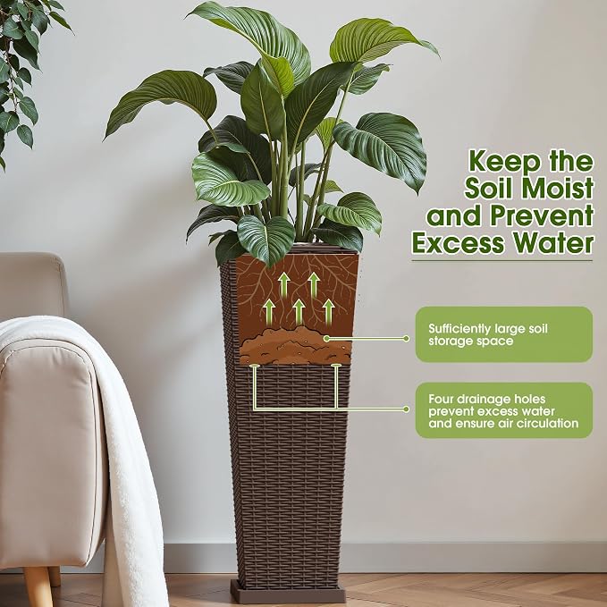 Devoko Resin Tall Planters for Outdoor Plants Set of 2, Large Taper Outdoor Planter Pots with 4 Drainage Holes, Flower Pots Modern Decor for Porch, Patio, Backyard, Garden(Brown, 32" with Trays)