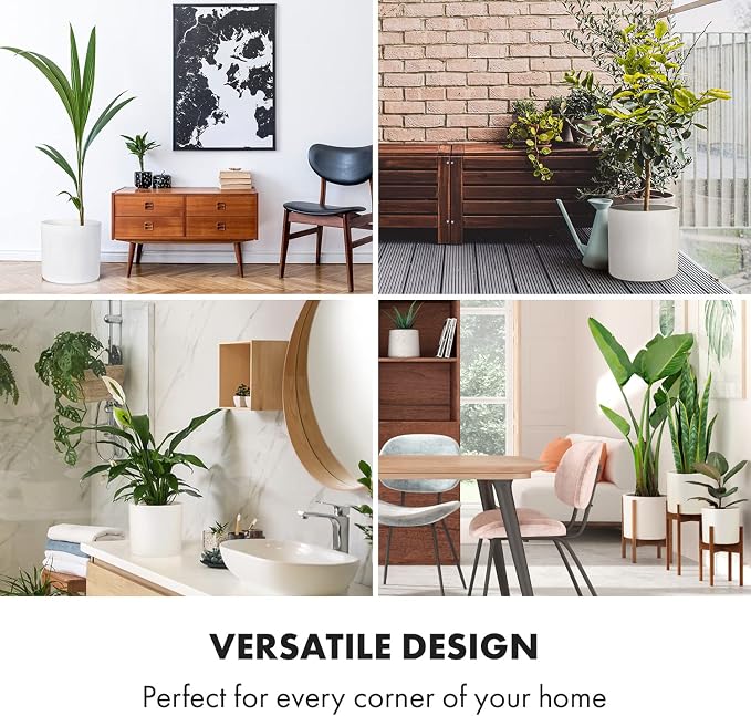 Fox & Fern Large Indoor Planter, Modern Large Plant Pot for Indoor or Outdoor, UV and Frost Resistant - 12 Inch, Matte White Flower Pot with Hidden Saucer, Lightweight