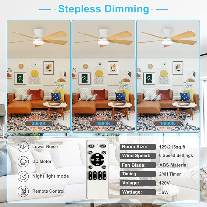Depuley Modern Ceiling Fan with Light: 42-Inch White Small Fans for Bedroom Indoor Outdoor - Dimmable Low Profile Ceiling Fans with Remote Control Flush Mount 5 Reversible Wood Blades 6 Speeds Timer