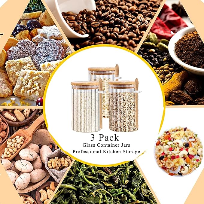 Steviieden 25 FL OZ Airtight Glass Jars with Bamboo Spoons Lids Overnight Oats Container Decorative Coffee Bar Food Storage Jar Cereal Nuts Salts Coffee Tea Flour Sugar Container Spice Jars