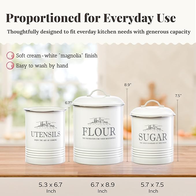 noonberry Kitchen Canisters for Countertop – 3-Piece Airtight Canister Set for the Kitchen Counter with Utensil Holder – Flour Sugar Containers – Cream-White Magnolia Finish