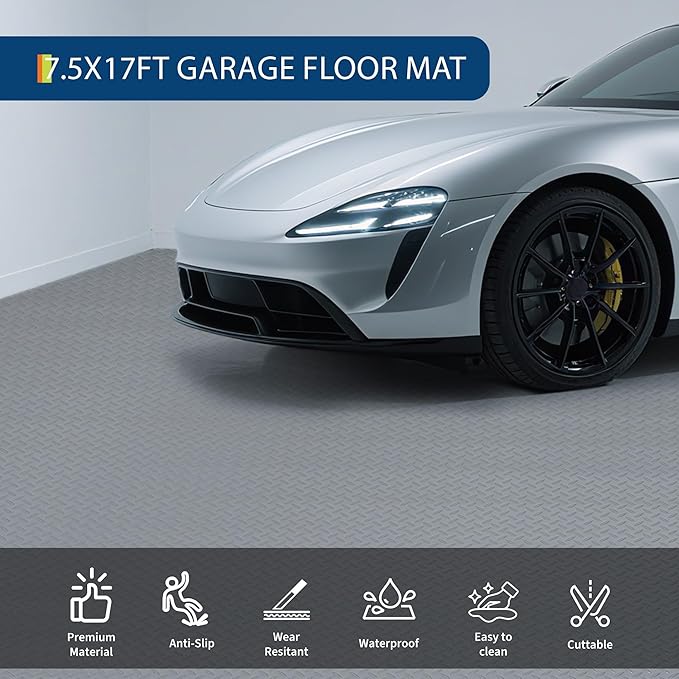 GarveeTech 7.5x17 FT Garage Floor Mat, 2.8mm Thickened Non-Slip PVC Garage Mat Roll, Diamond Plate Floor Protector Mat with 33FT Tapes for Garage, Under Car Parking Mat for SUVs, Trucks, Sports Car
