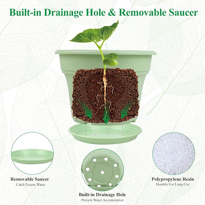 Pottiffe 6 Inch Plastic-Flower Pot-for-Indoor Plants, 6 Pack Outdoor Plant Pots with Drainage Holes & Saucers, Resin Garden Pots Planters