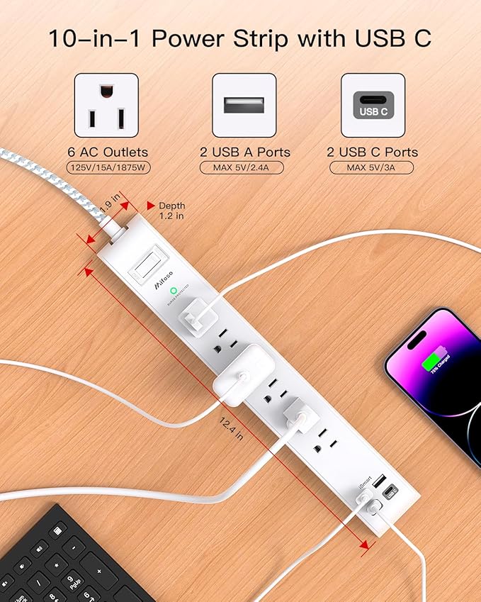 2 Pack Extension Cord 10ft Power Strip - Surge Protector with 6 Outlets 4 USB Charging Ports, Flat Plug, Overload Protection, Wall Mount for Home Office, Dorm Room Essentials