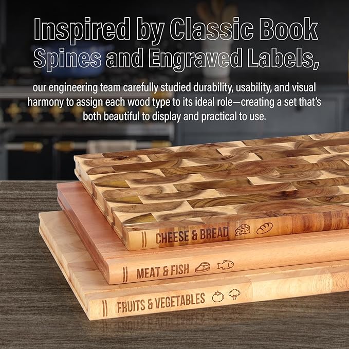 Book Cutting Board Set of 3 with Stand-The Cutting Board Library, Solid Wood Book-Shaped Boards for Serving & Display, Labeled Meat & Fish, Bread & Cheese, Fruits&Vegetables-Decorative Cutting Boards.