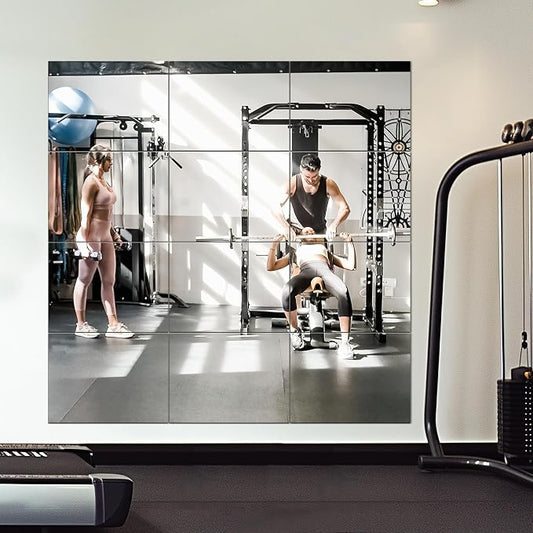 Delma Frameless Mirror Tiles 16"x12"x12 Pcs Wall Mounted | Shatter Resistant, Full Length, Tempered Glass Panels, For Home Gym Bathroom Bedroom & Living Room Decor