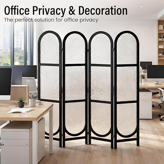 Acrylic Room Divider 4 Panel 67" Tall Arched Room Divider and Privacy Screen with Solid Paulownia Wood Frame, Freestanding Partition Divider for Room Separation, Home, Bedroom - Black