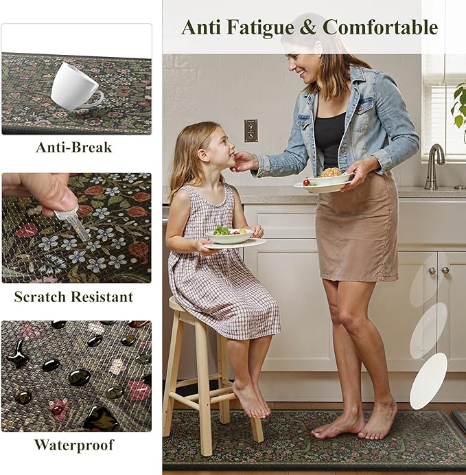 Collive Kitchen Mats for Floor, Cushioned Anti Fatigue Mat Non Slip Waterproof Kitchens Sink Rug, Green Vintage Floral Rugs Comfort Standing Mat for Laundry, Desk, Bar, Office, 20"x39"