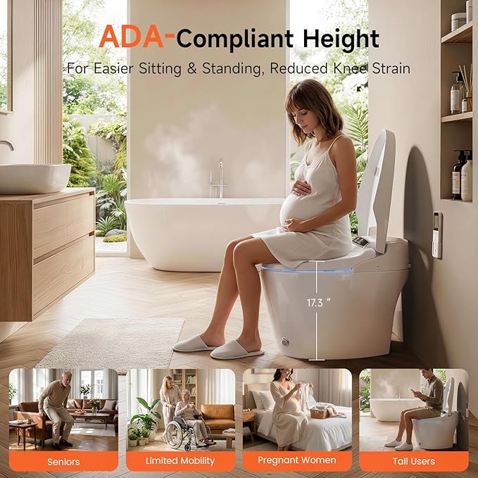 Smart Toilet With Bidet Built In,Bidet Toilet with with 17.3" ADA Comfort Height Seat, Auto Open Close,Warm Water Sprayer & Dryer, Foot Sensor,Tankless Toilet with Heated Seat