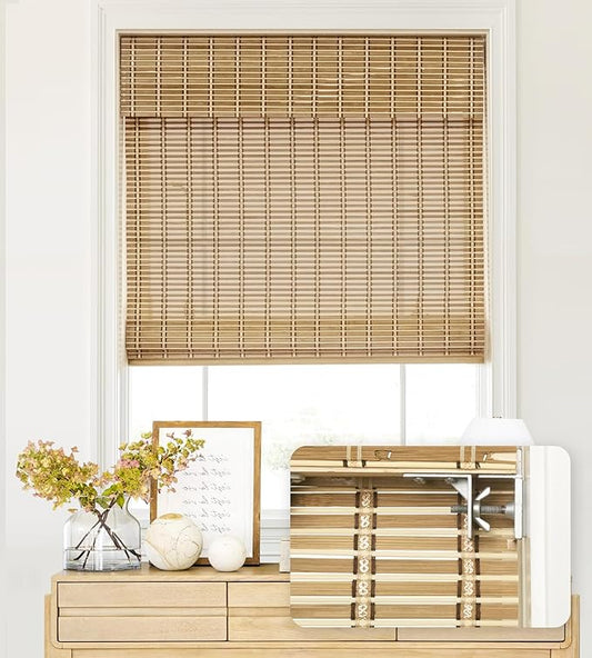 LazBlinds No Tools No Drill Cordless Bamboo Roman Shades, Light Filtering Window Treatment, Roll Up Bamboo Blinds for Windows 26'' W x 64'' H, Natural 306