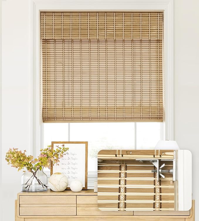LazBlinds No Tools No Drill Cordless Bamboo Roman Shades, Light Filtering Window Treatment, Roll Up Bamboo Blinds for Windows 28'' W x 64'' H, Natural 306