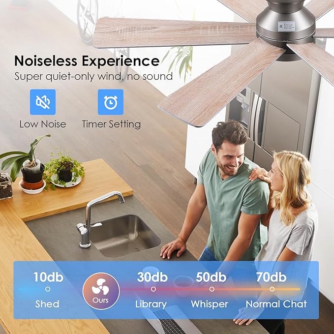 Asyko 46" Silver Low Profile Ceiling Fan with Light and Remote,Modern Flush Mount Ceiling Fans for Bedroom, Living Room, 6 Speeds, Dimmable, Timer, Quiet Reversible