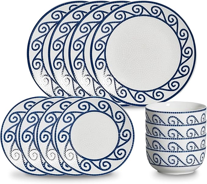 12-Piece Dinnerware Set for 4, Stoneware Kitchen Plates & Bowls Set, Coastal Dinnerware Sets, Microwave & Dishwasher Safe Scratch Resistant, Vintage Dishware Set for Everyday Use & Family Meals