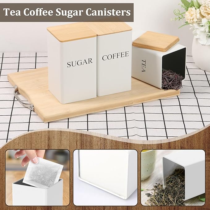 3 Pcs Coffee Tea Sugar Container Set, 1000 ML Metal Teas and Coffee Canisters Set with Bamboo Lids, Black Canisters Sets for Kitchen,Food Storage Container Jars for Kitchen Counter Storage (White)