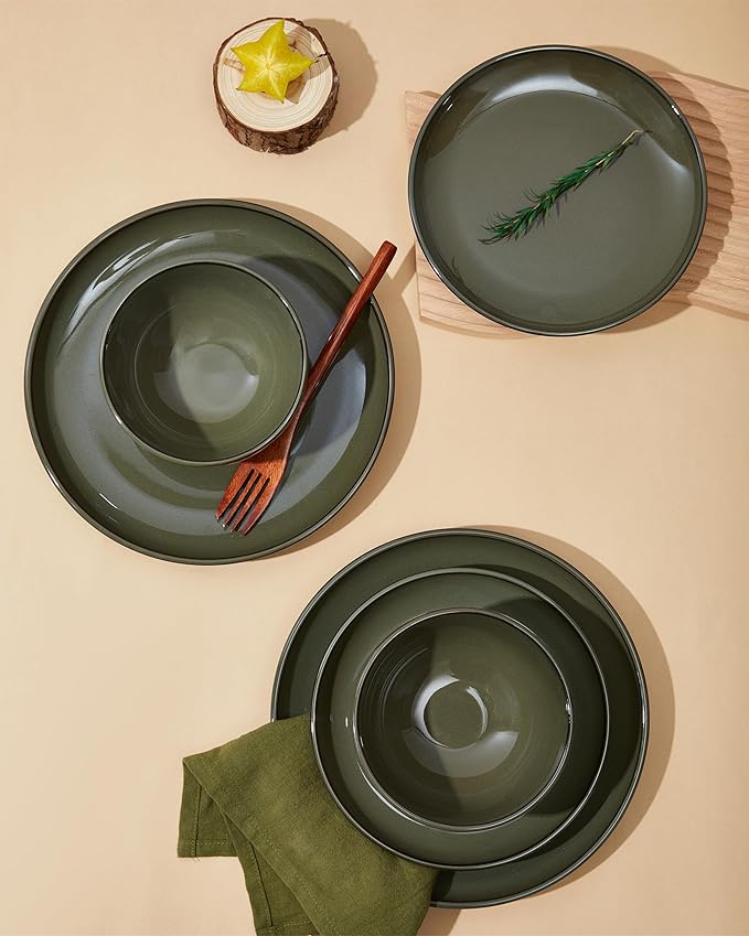 Pokini 16 Piece Double Bowl Dinnerware Sets with Pasta Bowls, Highly Chip and Crack Resistant Plates and Bowls Sets, Natural Earthyware Ceramic Dishware Sets, Service for 4 Blackish Green