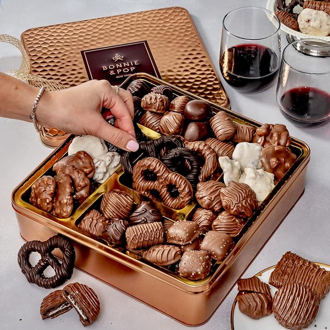 Chocolate Gift Basket, Gourmet Snack Food Box in Keepsake Tin, 2+ lbs of Chocolate, Great for Mothers Day, Birthday, Sympathy, Corporate, Family Parties & Get Well - Bonnie & Pop