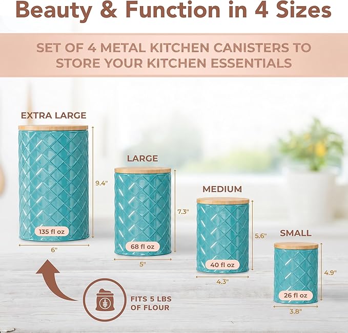 Pebble & Stem® Coastal Teal Metal Canister Set for the Kitchen with Measuring Spoon, Food Canister Set of 4, Airtight Lids, Sugar, Flour Containers, Coffee, Tea Storage, Farmhouse Decor