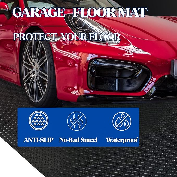 BESEA 4 x 10 FT Garage Floor Mat, Heavy Duty Diamond Plate Rubber Parking Mat – Waterproof, Oil-Resistant, Anti-Slip Flooring Roll for Under Car, Home Garage or Workshop,1/8" Thick