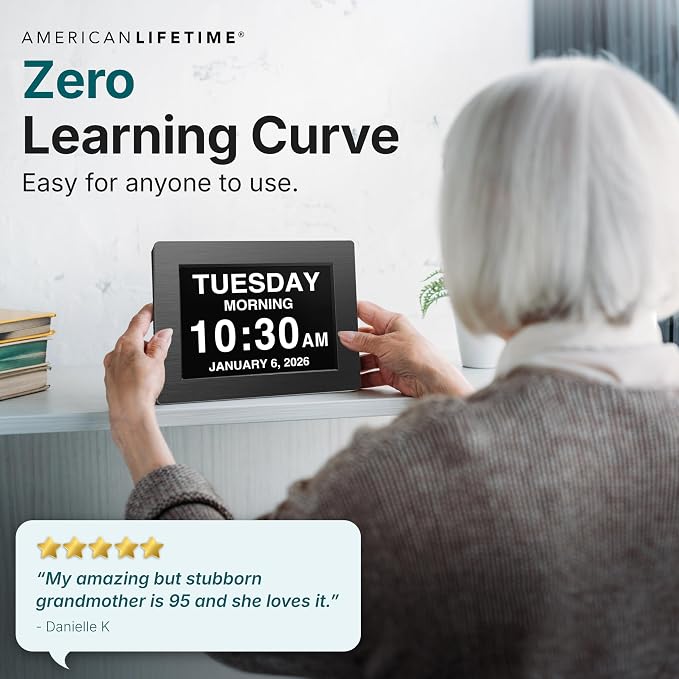 American Lifetime Large Digital Wall Clock for Seniors, Black Polished, 8-Inch High Resolution Display, Easy to Read, Customizable Alarms, Auto-Dimming, Multi-Language Support, Battery Backup