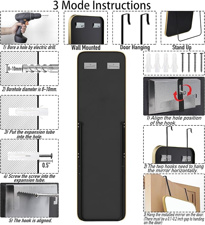 SCWF-GZ 57x16 Full Length Mirror Over The Door Hanging, Floor Stand/Wall Mounted Aluminum Alloy Frame Dressing Mirror for Bedroom Living Room 57 inch Gold